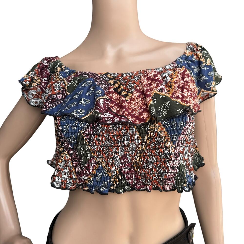 Polly & Esther Floral Off-The-Shoulder Shirred Ruffle Crop Top NWT Size XL